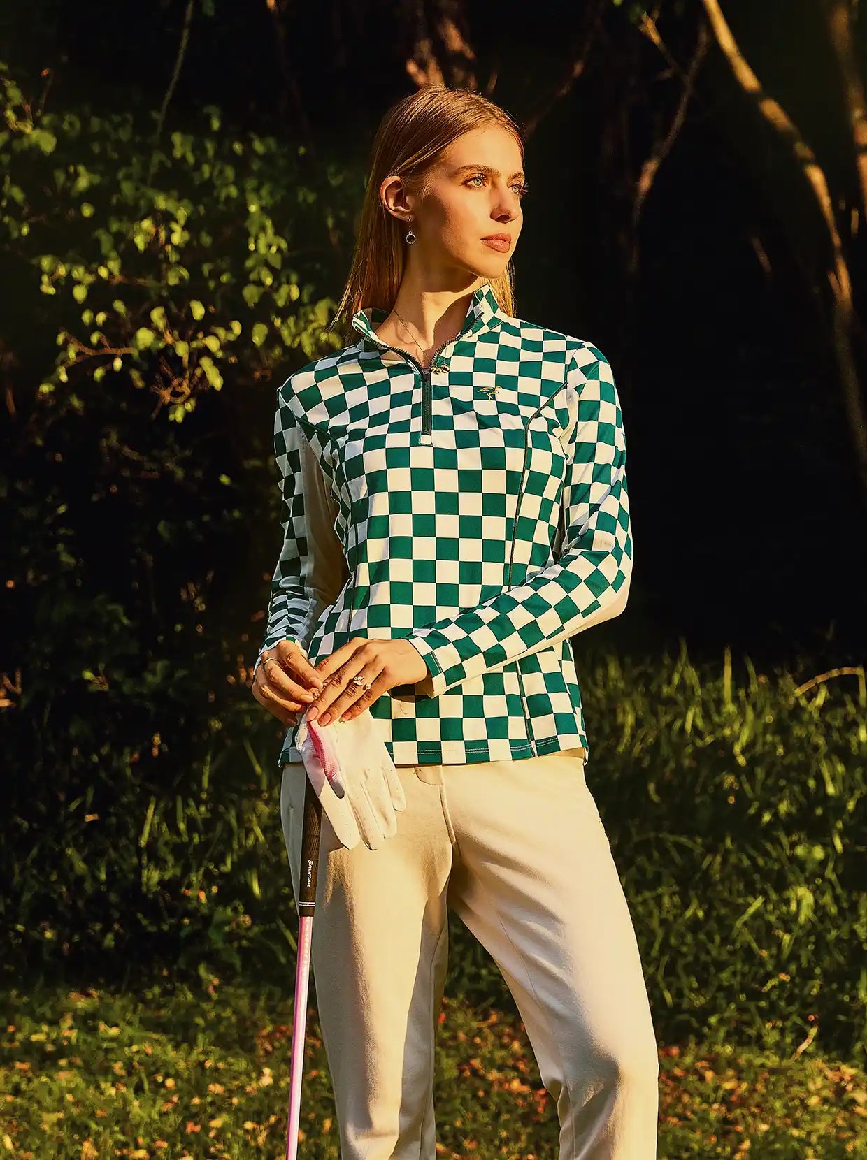 Green Checkerboard Half-Mesh Long-sleeve Polo Shirt
