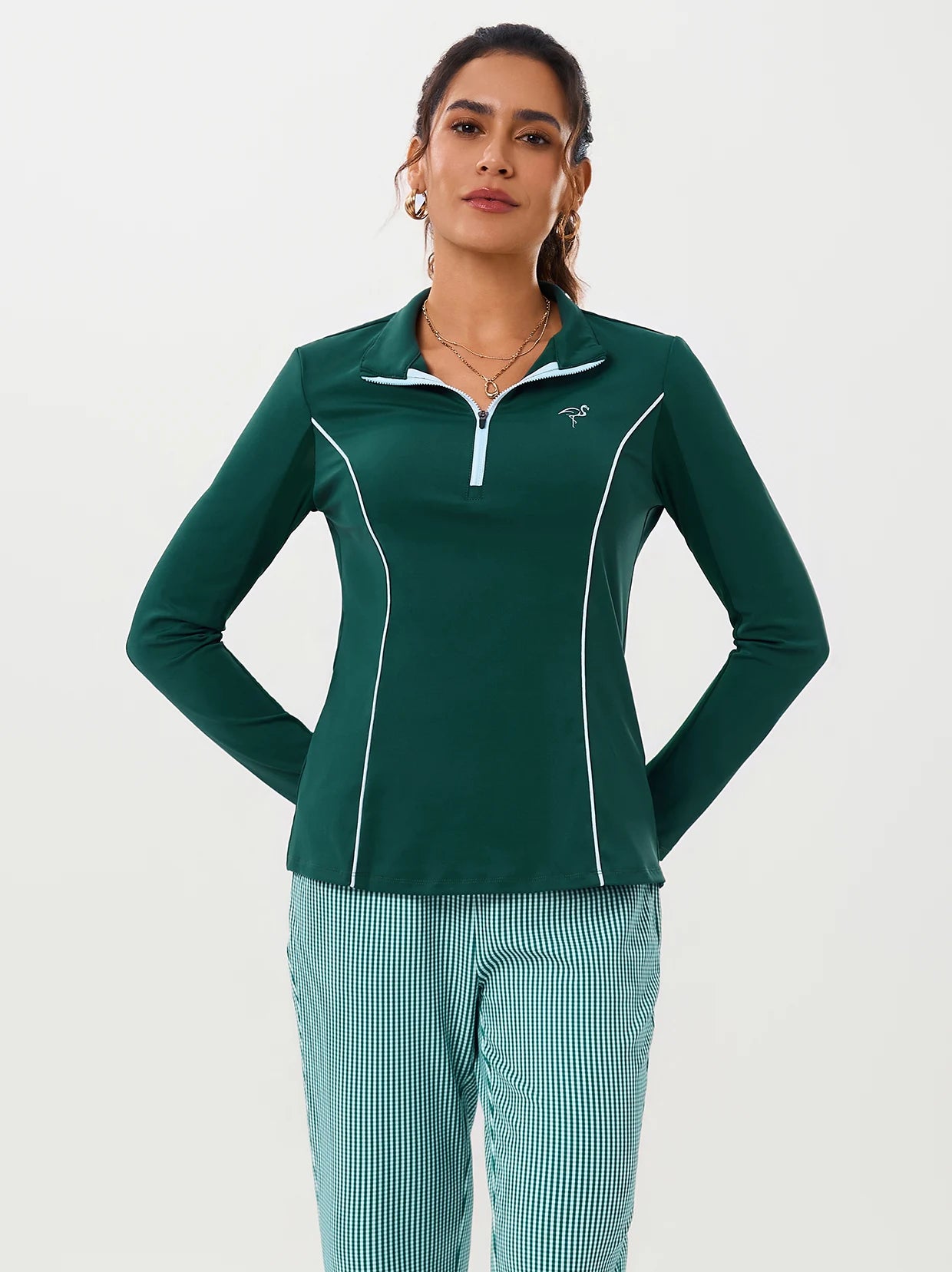 Dark Green Breathable Half-Mesh Long-sleeve Polo Shirt