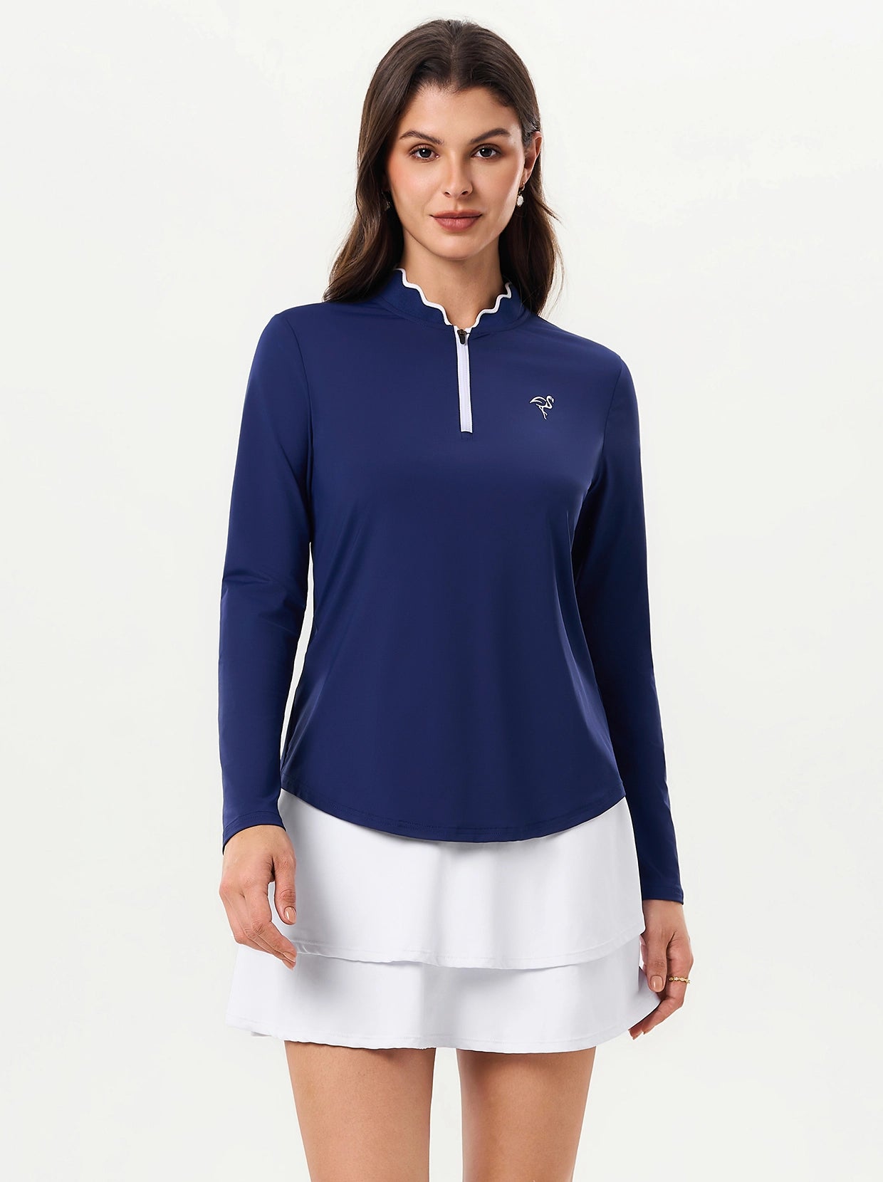 Navy Ruffled Quarter-zip Long-sleeve Golf Polo Shirt For Women