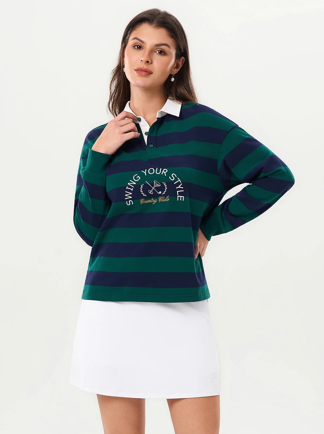 Green Stripes Button-placket Golf Sweatshirt