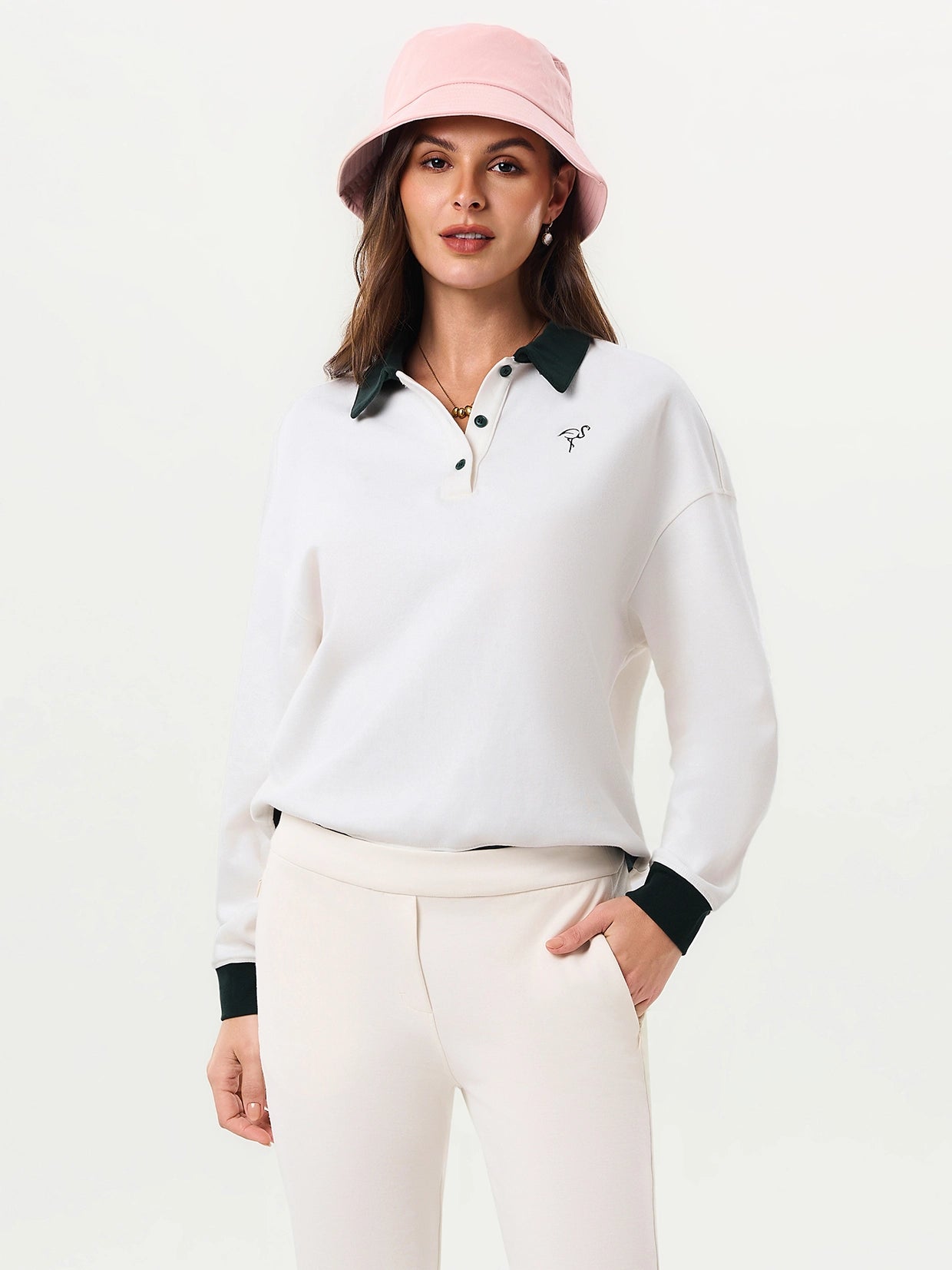 White Button-placket Golf Sweatshirt