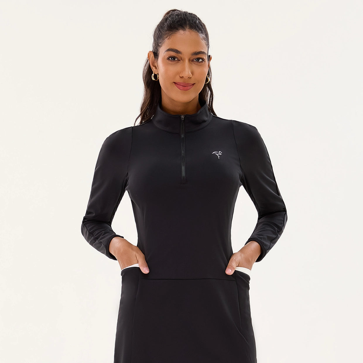 Breathable Black 34.5" Long-sleeve Active Dress with Pockets