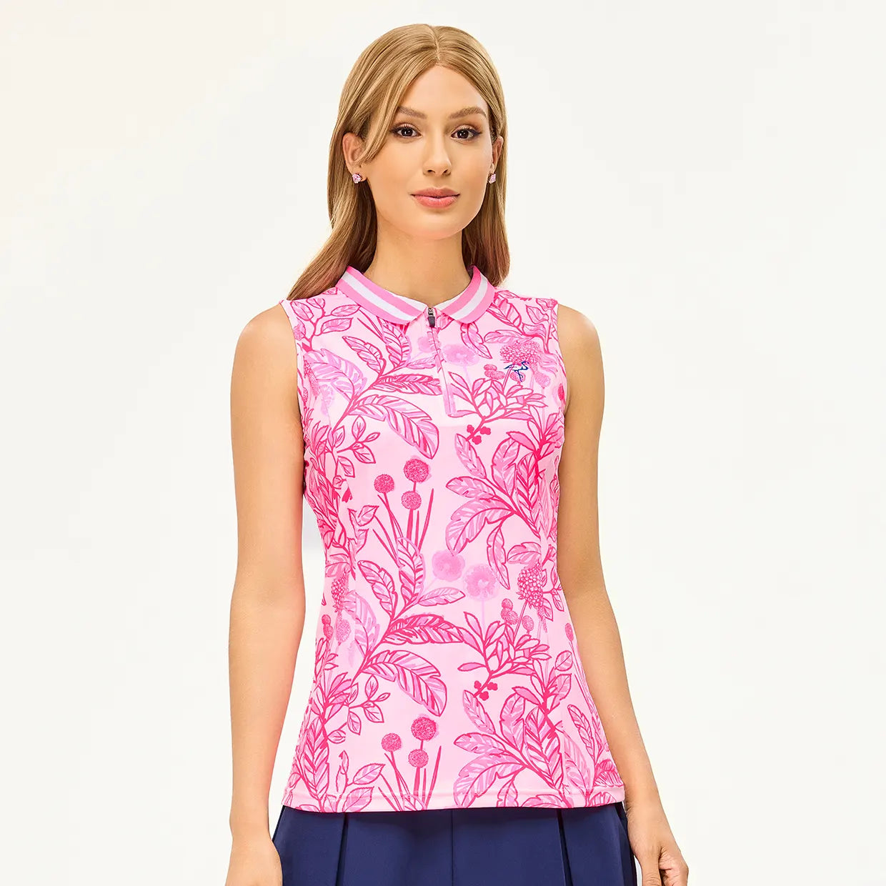 Pink Dandelion Quarter-zip Sleeveless Polo with Ribbed Collar
