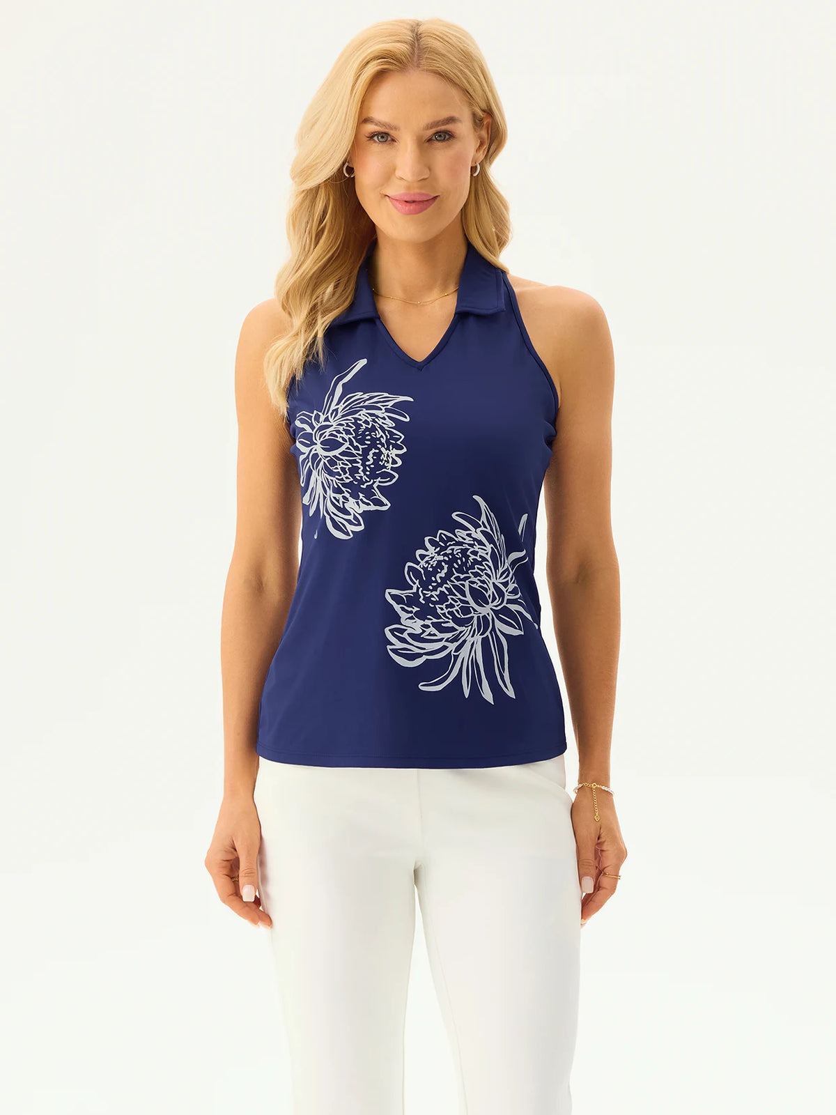 White Floral Racerback V-neck Golf Polo Shirt for Women