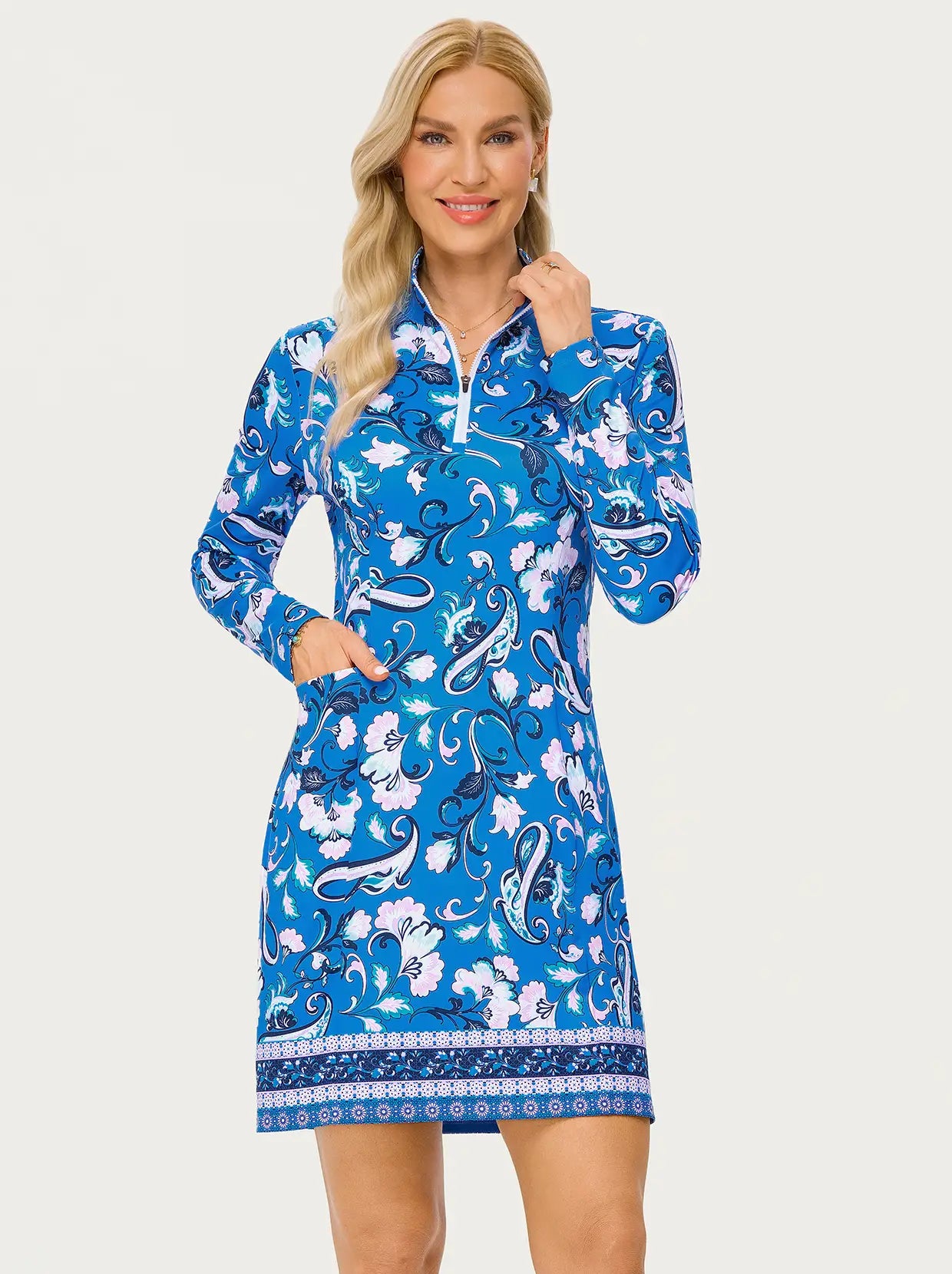 35.5" Blue Floral Quarter-zip Long-sleeve Golf Dress with Shorts and Pockets