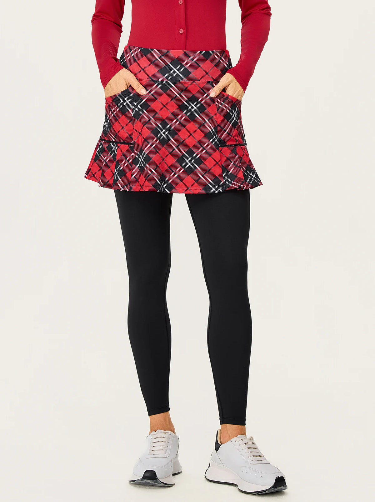 Christmas Red Checkerboard Pleated Skirted Leggings with Pockets