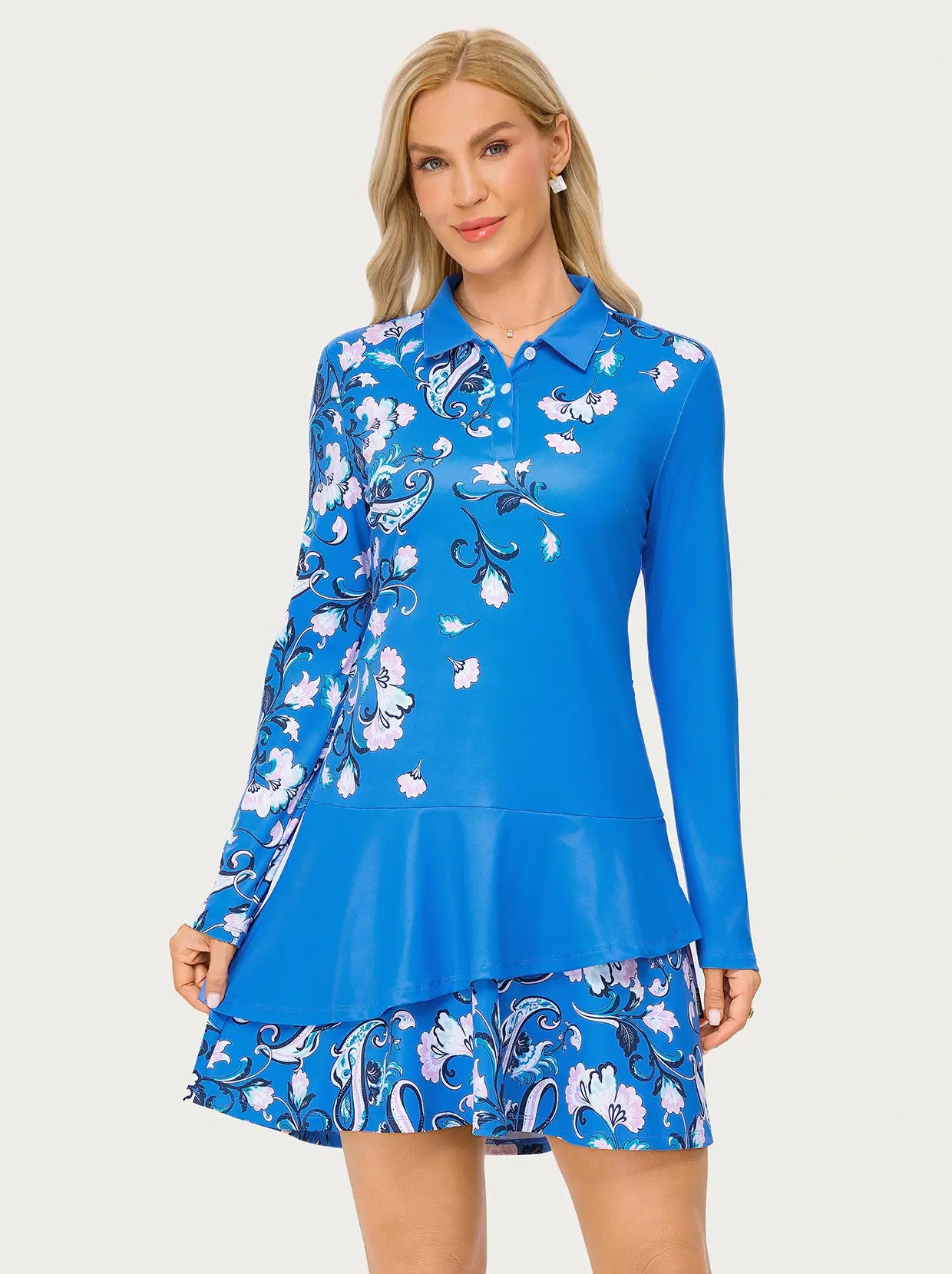 34.5" Blue Floral Button-placket Long-sleeve Polo Dress with Shorts and Pockets