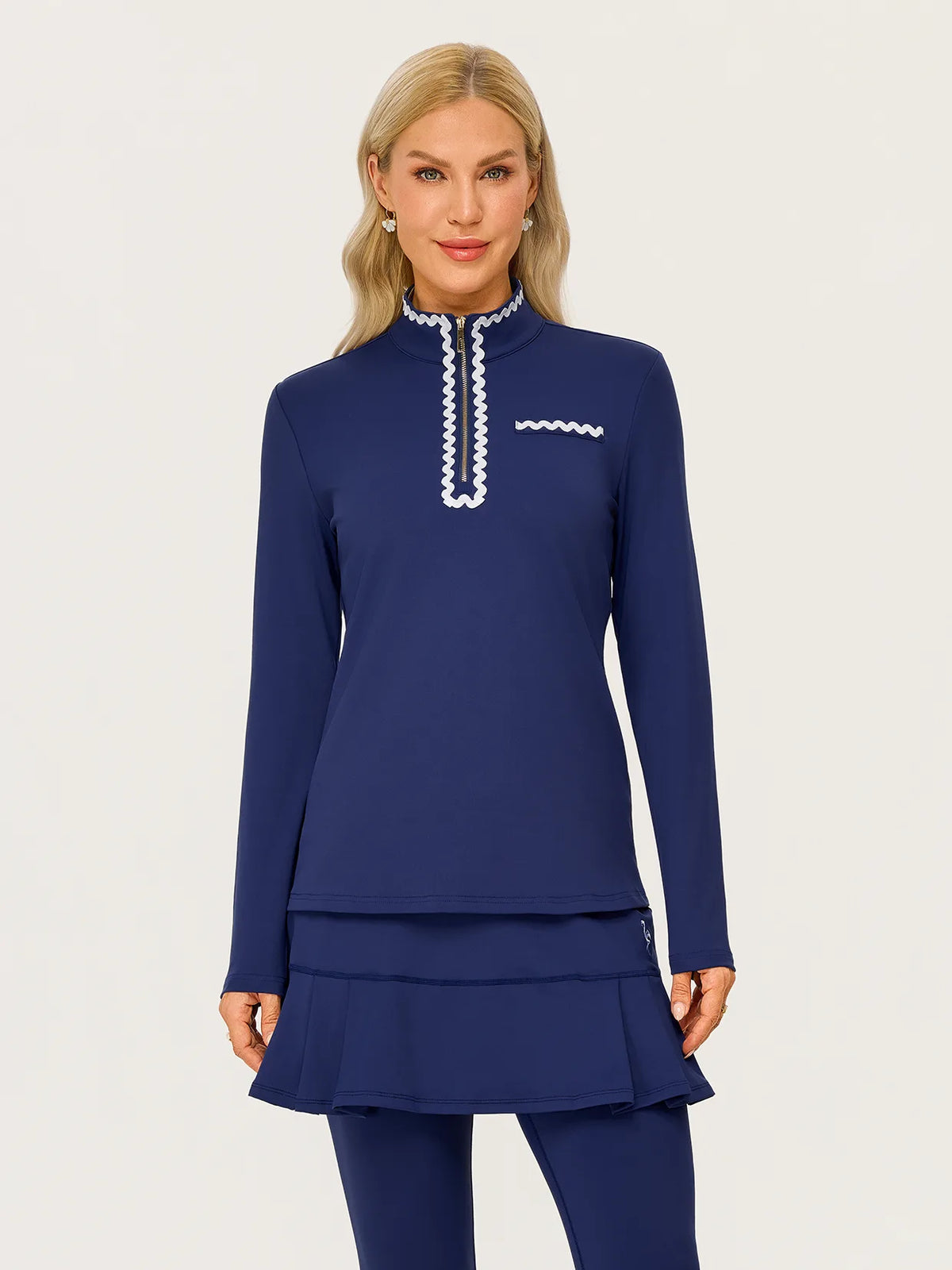 Women's Navy Ricrac Stand-collar Long-sleeve Polo Top