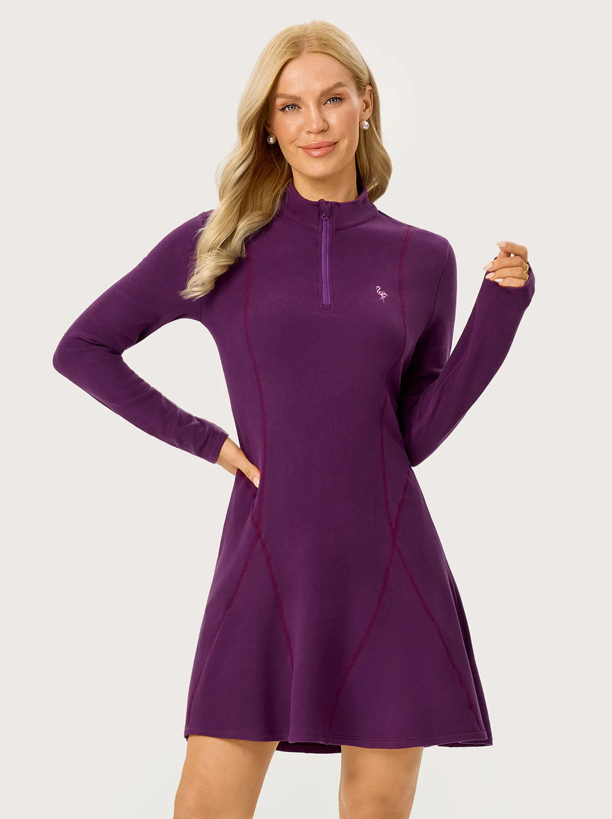34.5" Purple Stand-collar Long-sleeve Thermal Dress with Pockets