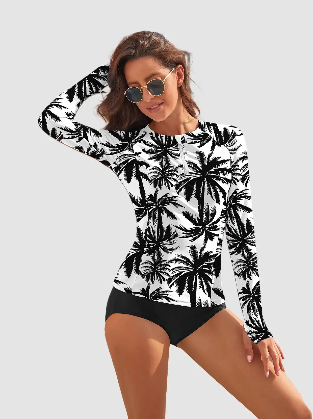 Black Coconut Tree Quarter-zip Long-sleeve Rash Guard with Thumbholes