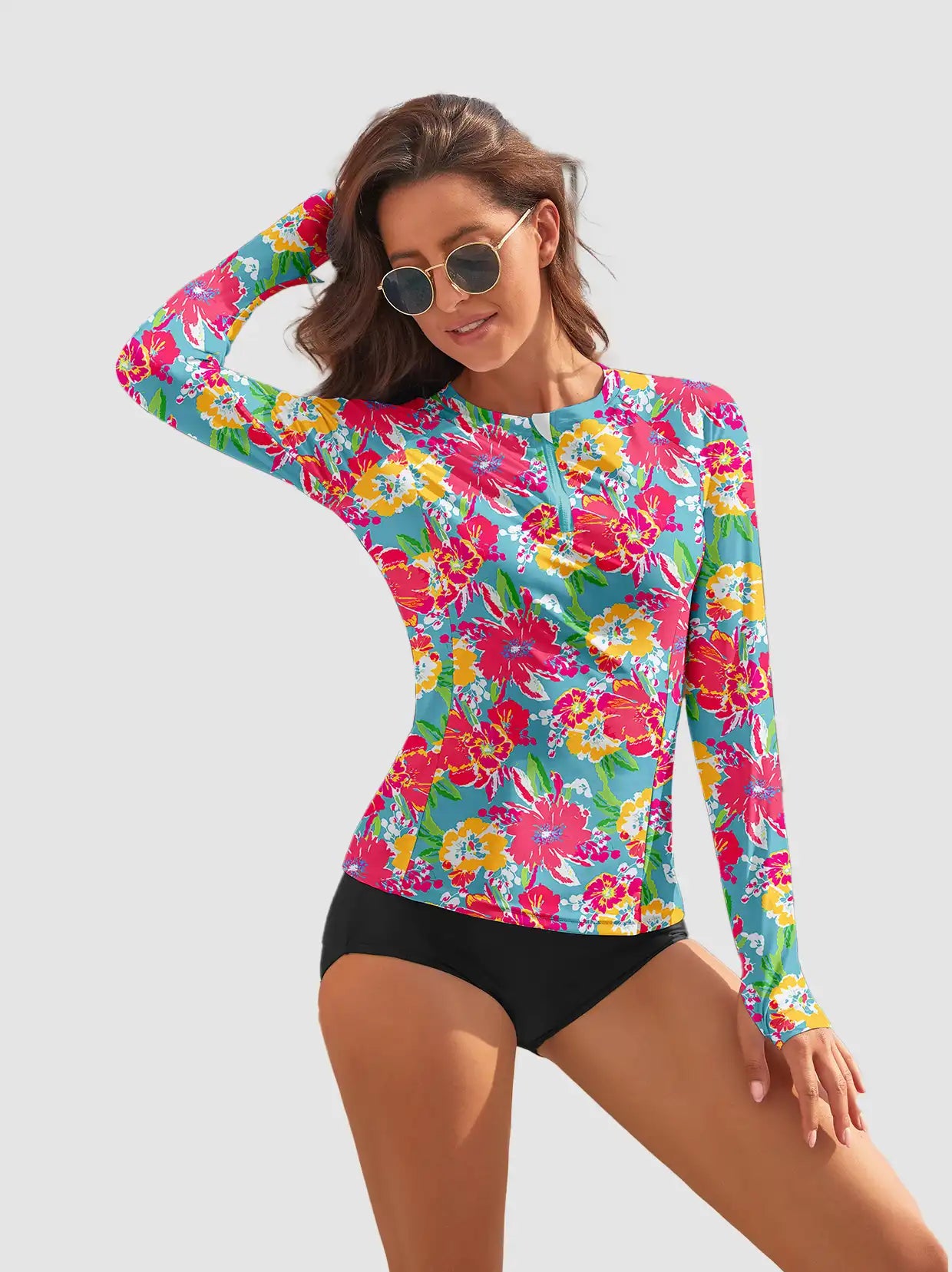 Floral Quarter-zip Long-sleeve Rash Guard with Thumbholes