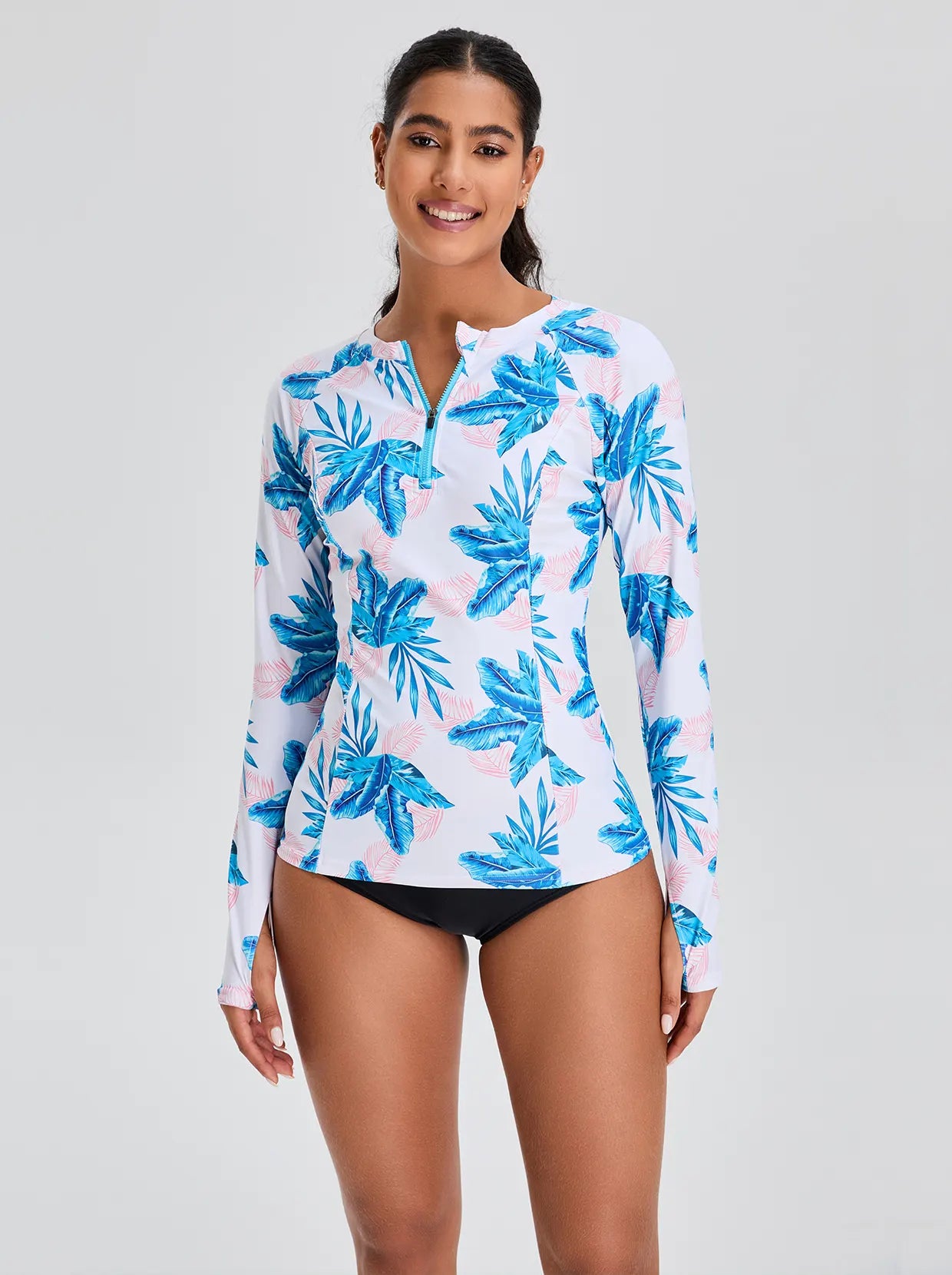 Blue and Pink Leaves Quarter-zip Long-sleeve Rash Guard