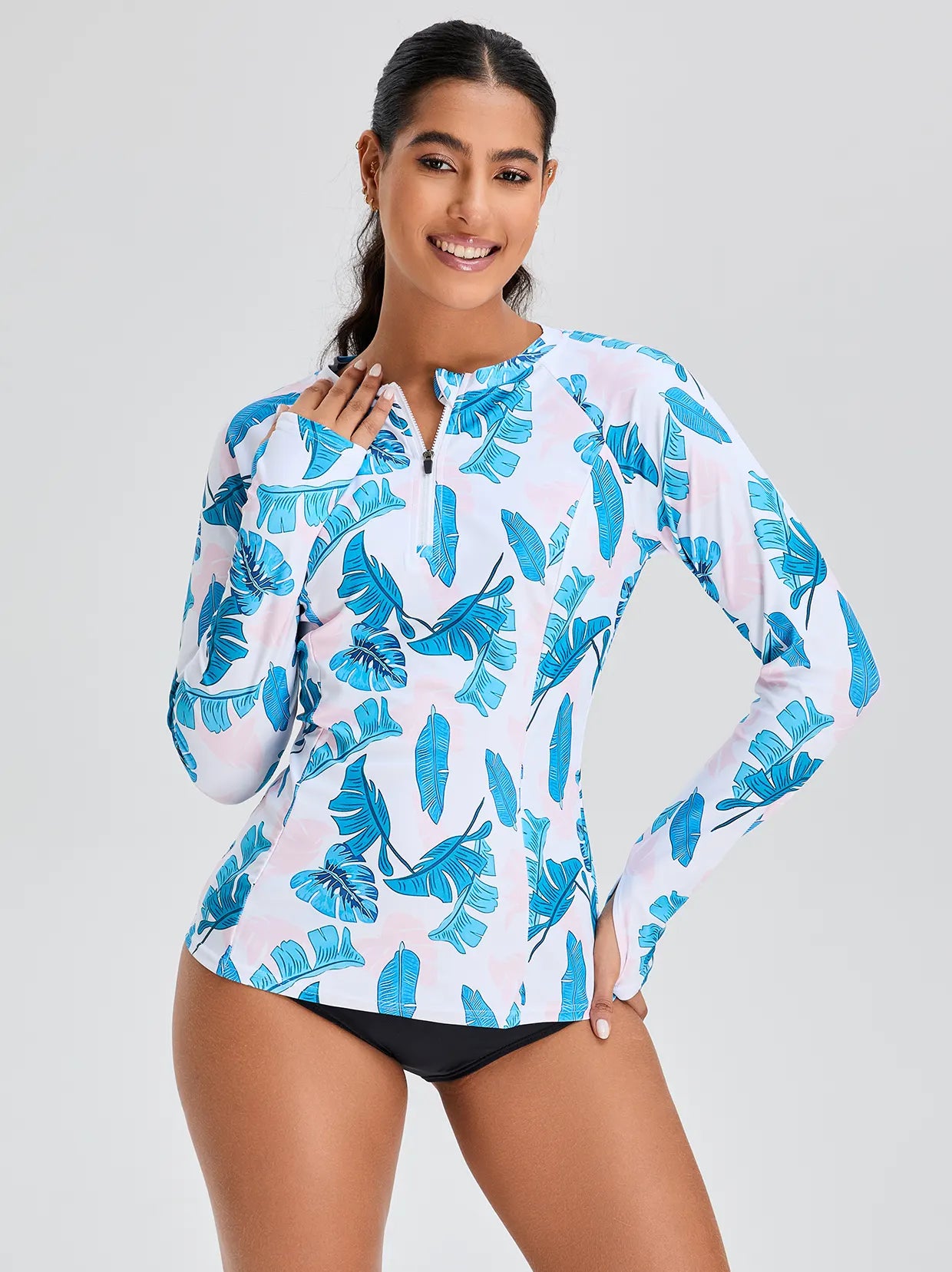 Pink and Blue Palm Leaves Quarter-zip Long-sleeve Rash Guard