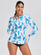 Pink and Blue Palm Leaves Quarter-zip Long-sleeve Rash Guard