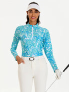 Green Paisley Quarter-zip Long Sleeve Polo Shirt for Ladies