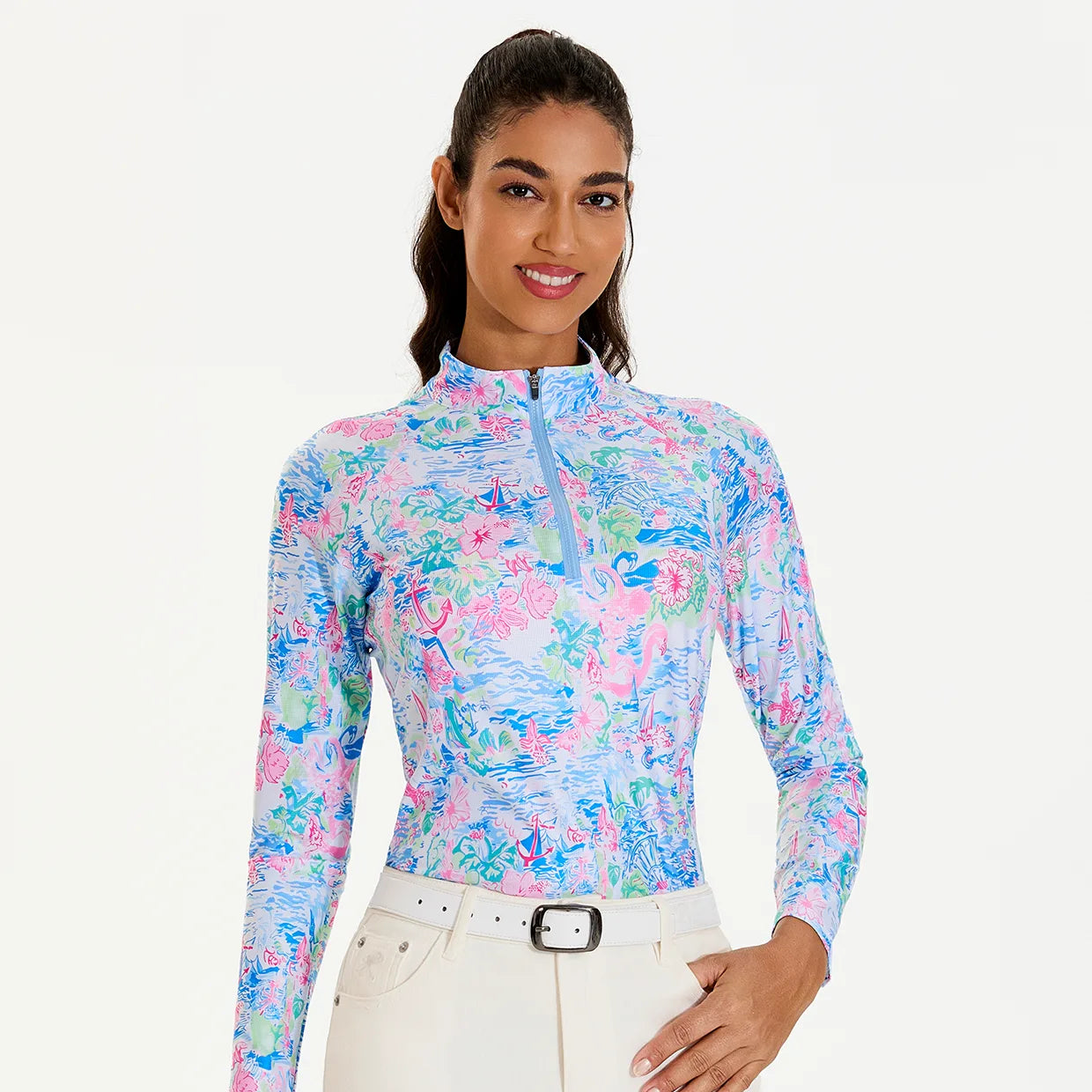 Spring Scenery Print Quarter-zip Long-sleeve Shirt