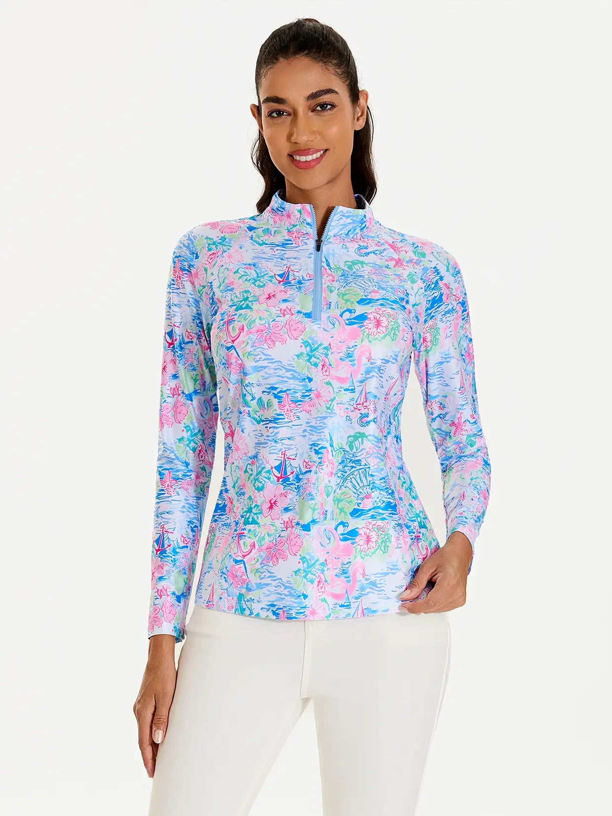 Spring Scenery Print Quarter-zip Long-sleeve Shirt for Women