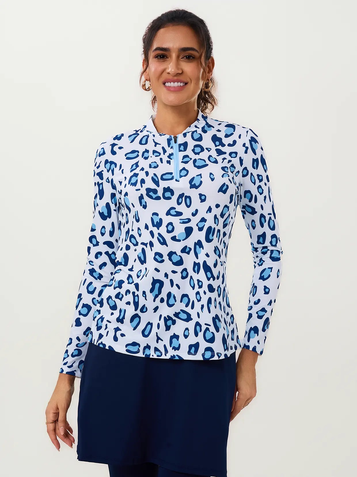 Blue Leopard Quarter-Zip Long-sleeve Golf Shirt for Women