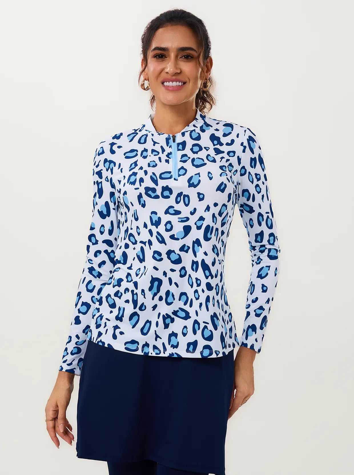 Blue Leopard Quarter-Zip Long-sleeve Golf Shirt for Women