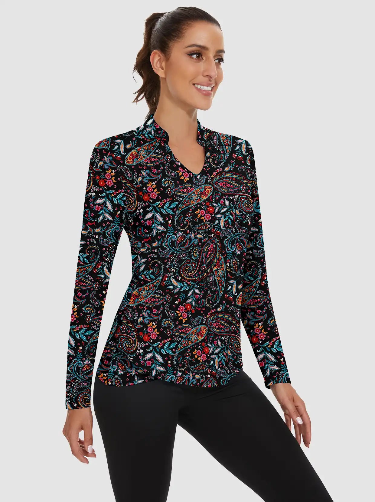Black Paisley Stand V-Collar Long-sleeve Golf Polo for Women