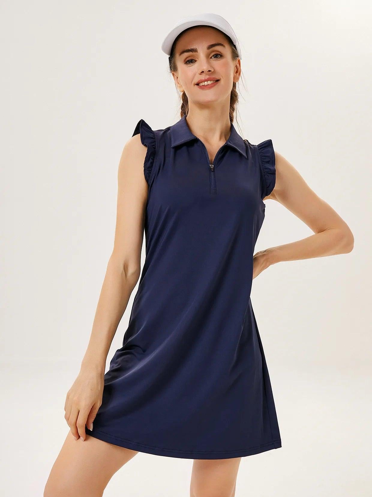 Blue V-Neck Ruffle Sleeve Golf Dress with Shorts