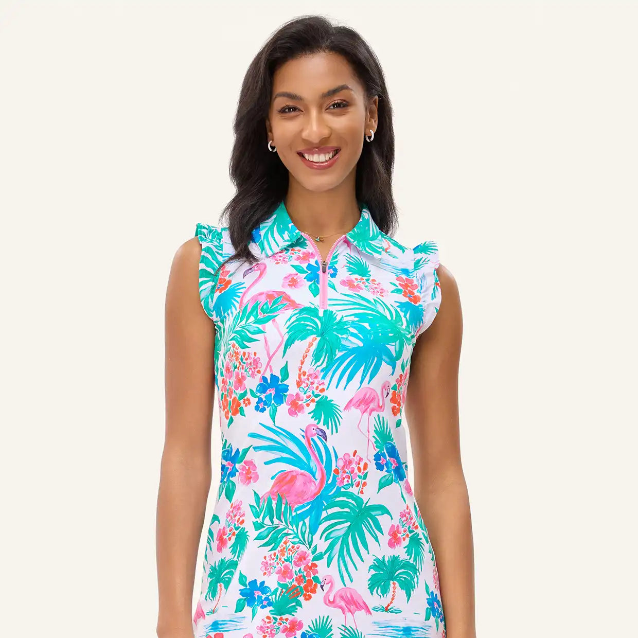 34" Blue Checkerboard Quarter-zip Ruffled Sleeveless Dress with Shorts