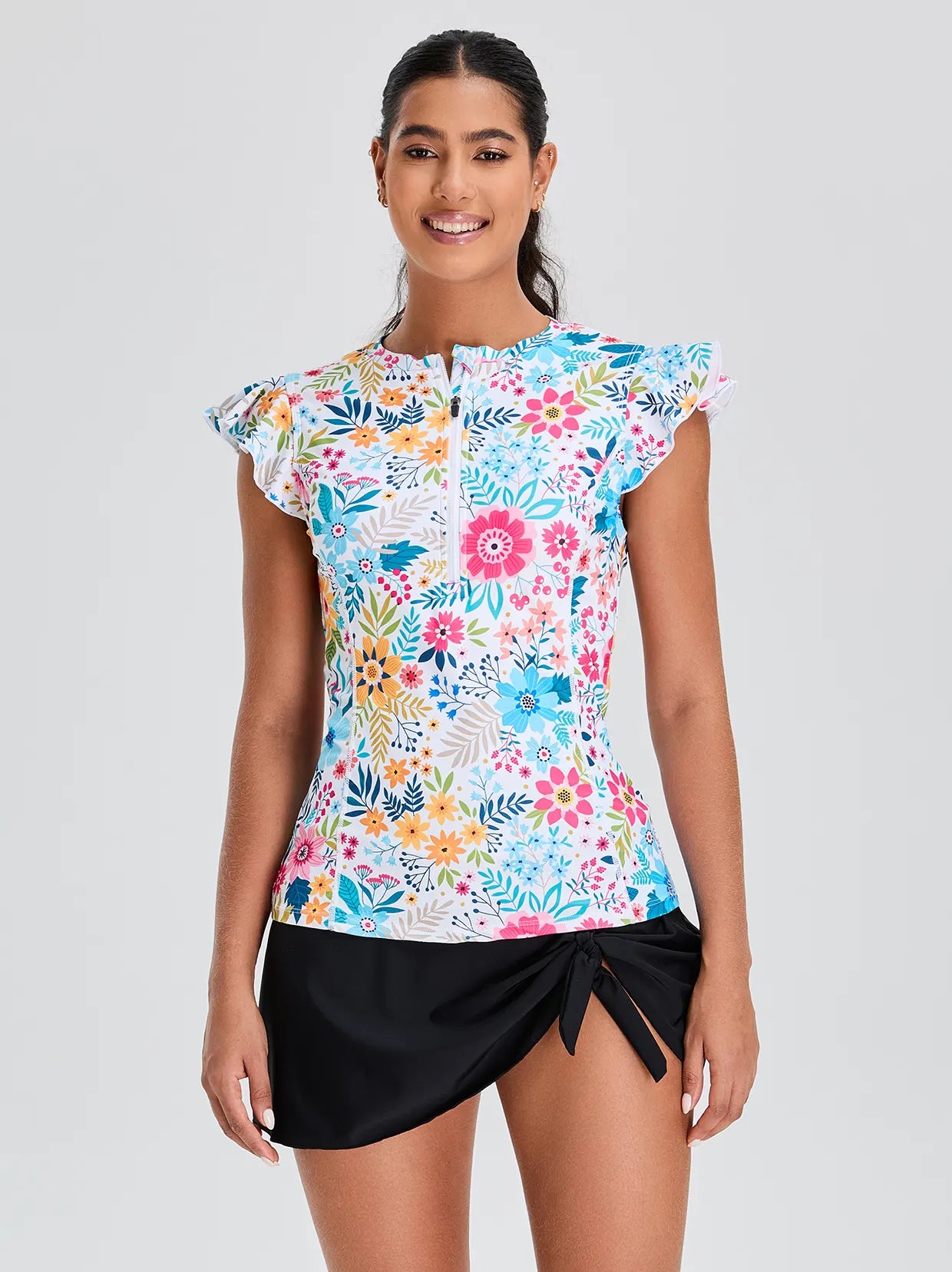 Daisy Flower Quarter-zip Ruffled Sleeveless Rash Guard for Women