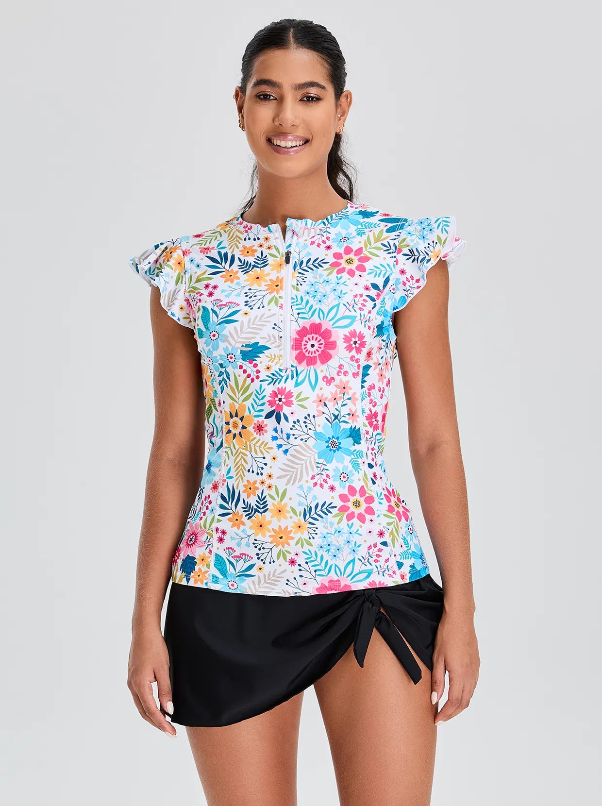 Daisy Flower Quarter-zip Ruffled Sleeveless Rash Guard for Women
