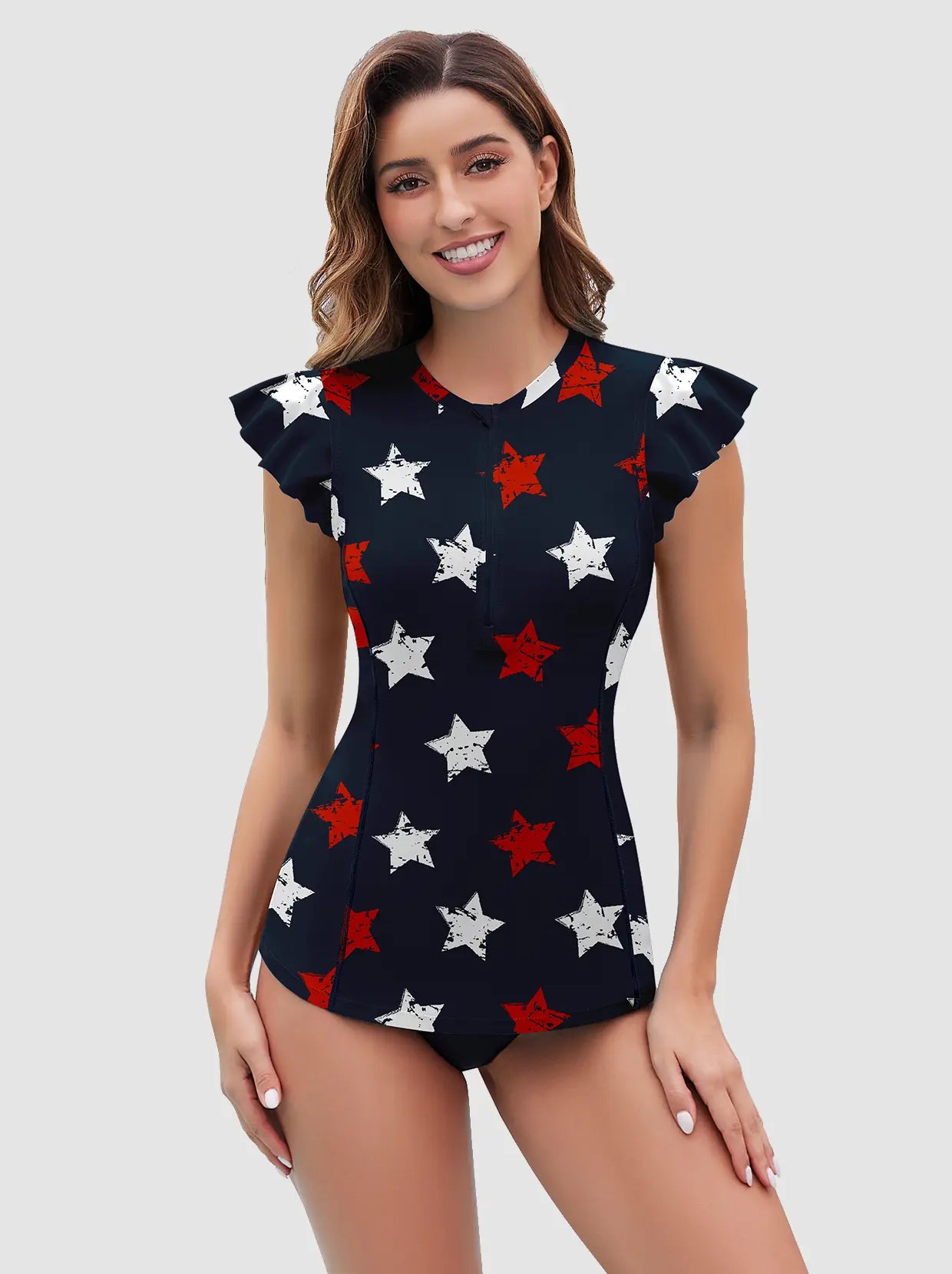 Star Print Quarter-zip Ruffled Sleeveless Rash Guard