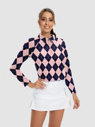 Pink and Blue Argyle Quarter-zip Long-sleeve Golf Polo Shirt for Women