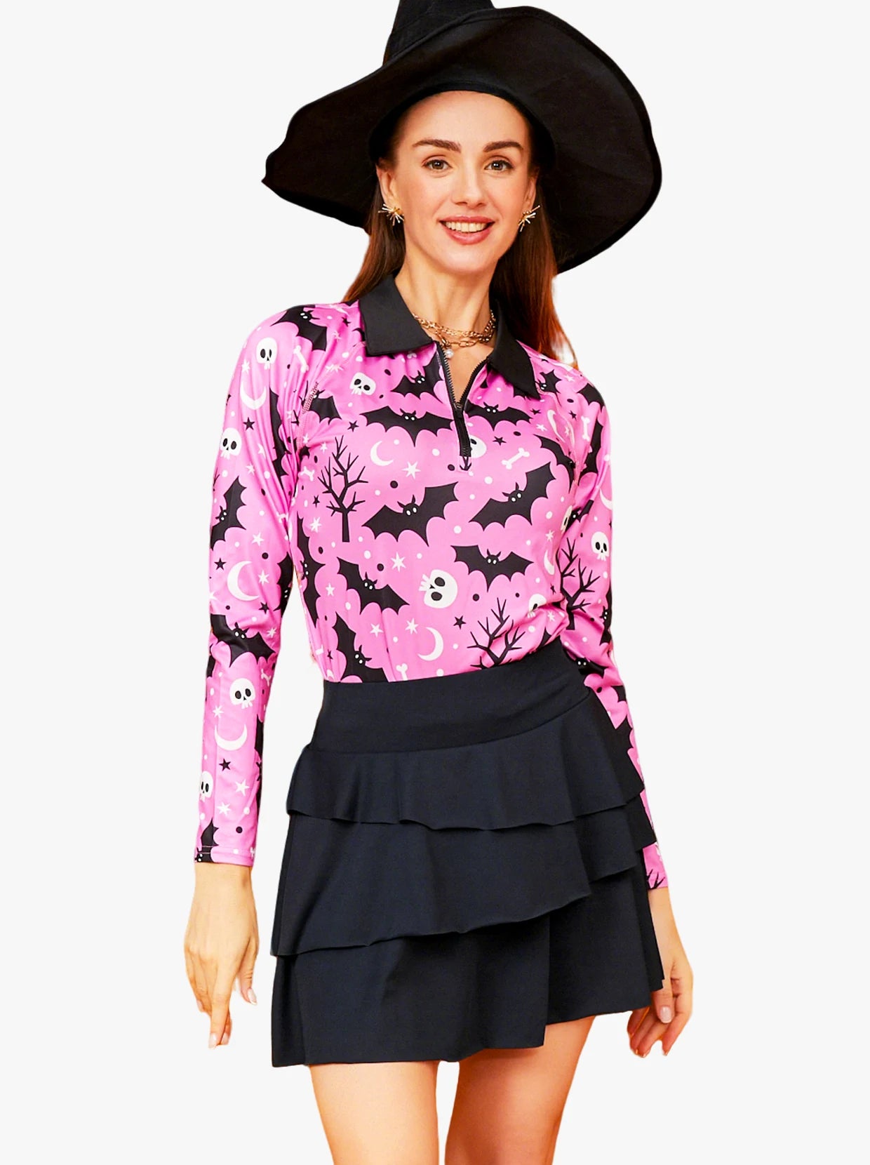 Halloween Pink Bats Quarter-zip Long-sleeve Polo Shirt for Women