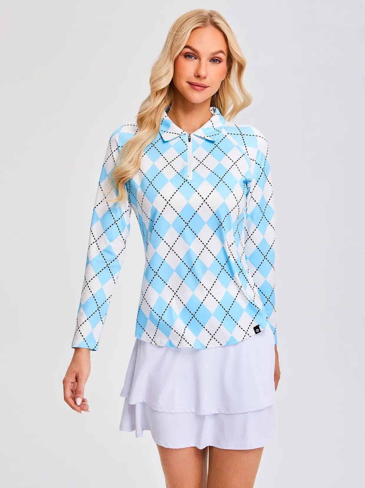 Blue and White Argyle Quarterzip Long Sleeve Polo Shirts for Women