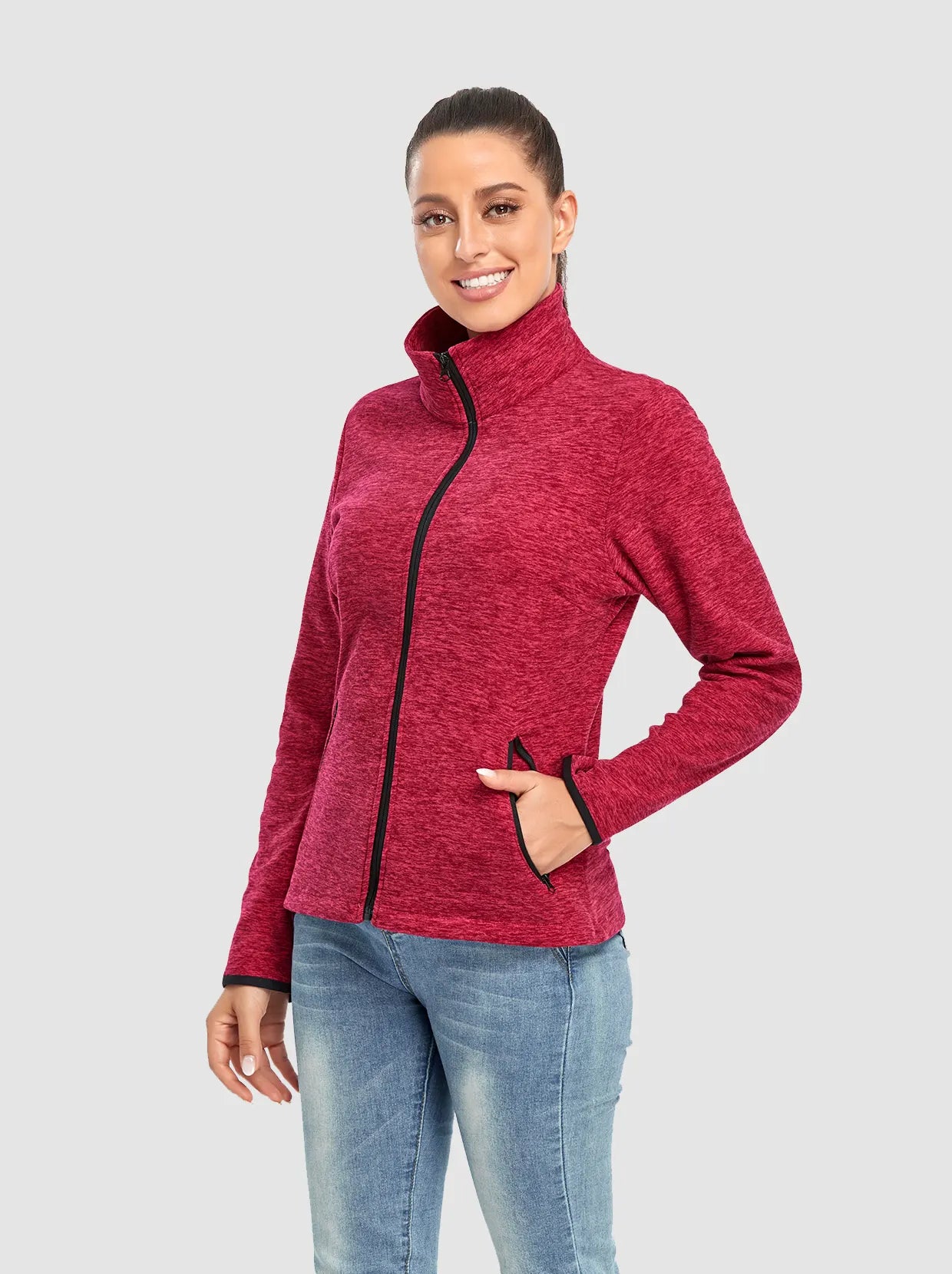 Rose Red Full-zip Long-sleeve Fleece Jacket For Women
