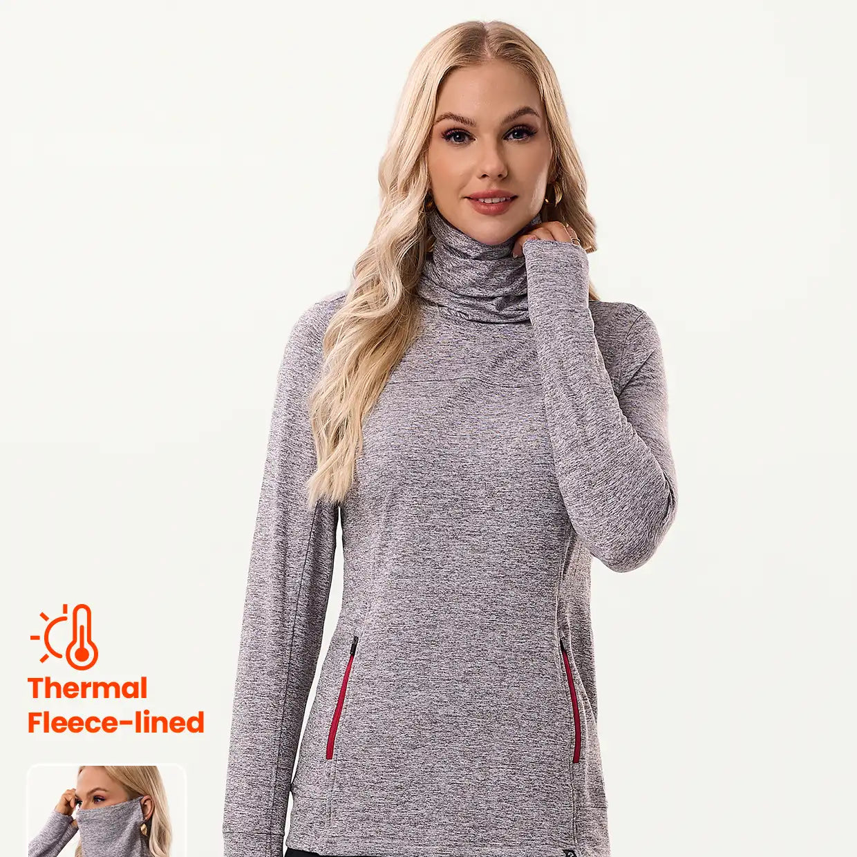 Cowl-neck Long-sleeve Fleece Top with Zip Pocket