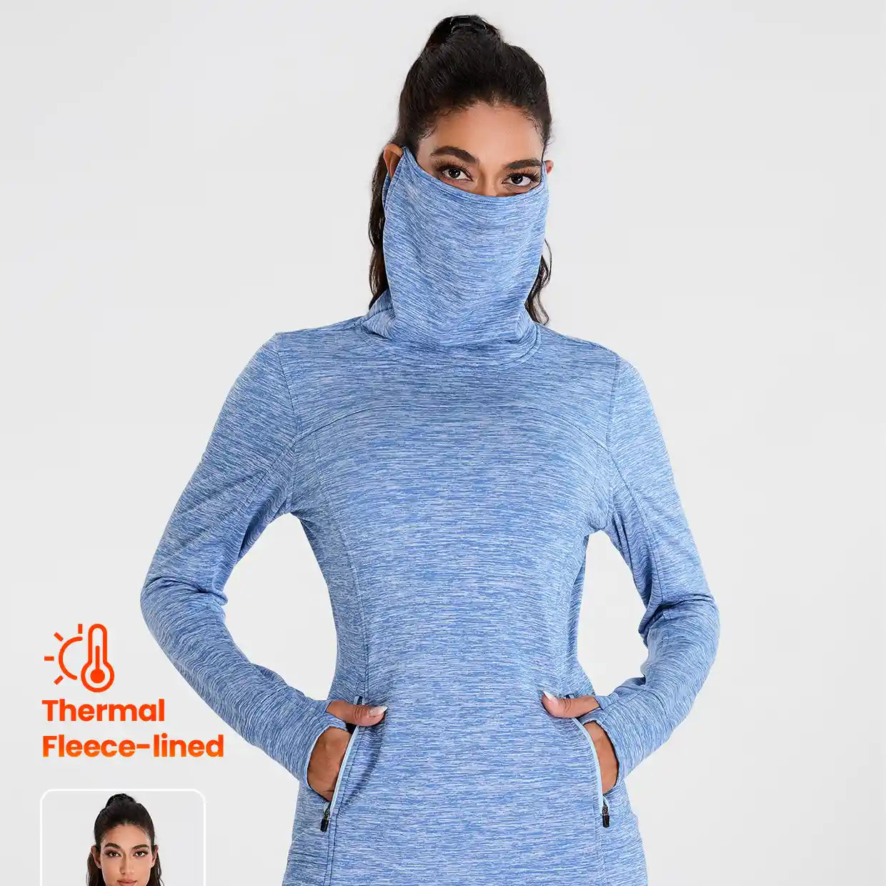 Cowl-neck Long-sleeve Fleece Top with Zip Pocket