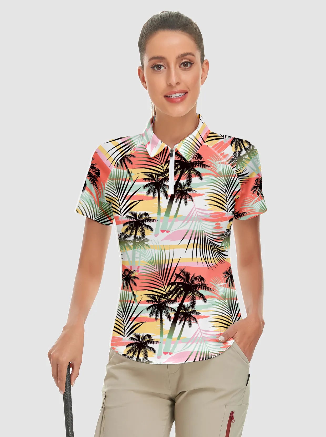 Hawaii style Coconut Tree Zipper Golf Polo Shirt