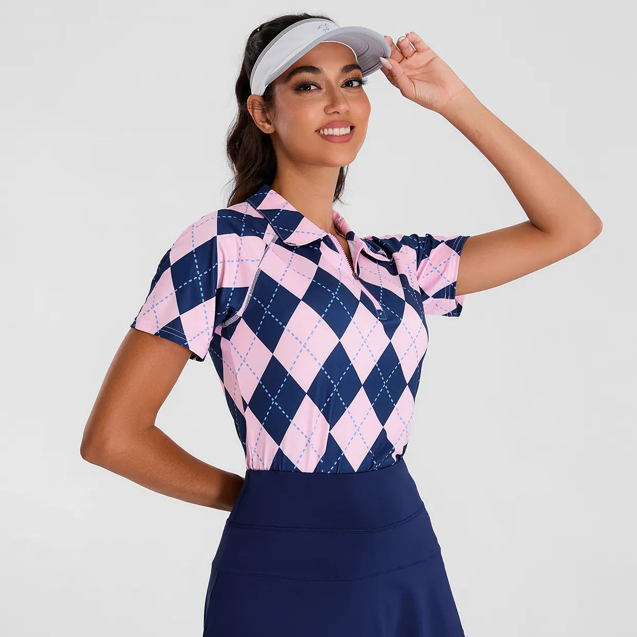 Pink and Blue Checkerboard Short Sleeves Quarter-Zip Golf Polo