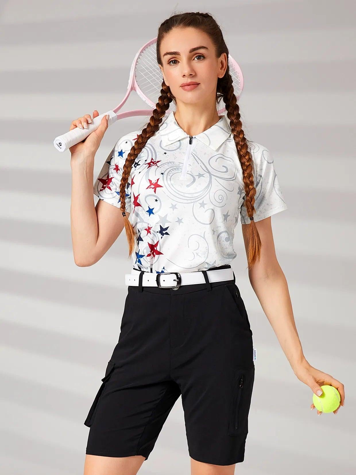 Red and Blue Stars Short-sleeve Golf Shirt for Ladies