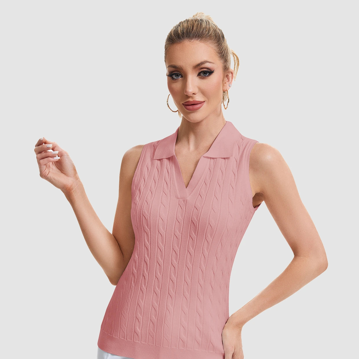 Basic V-neck Sleeveless Cable-Knit Vest for Women