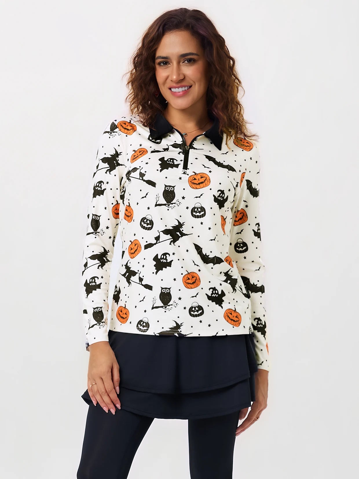 Halloween Witches Print Quarter-zip Long-sleeve Polo Shirt