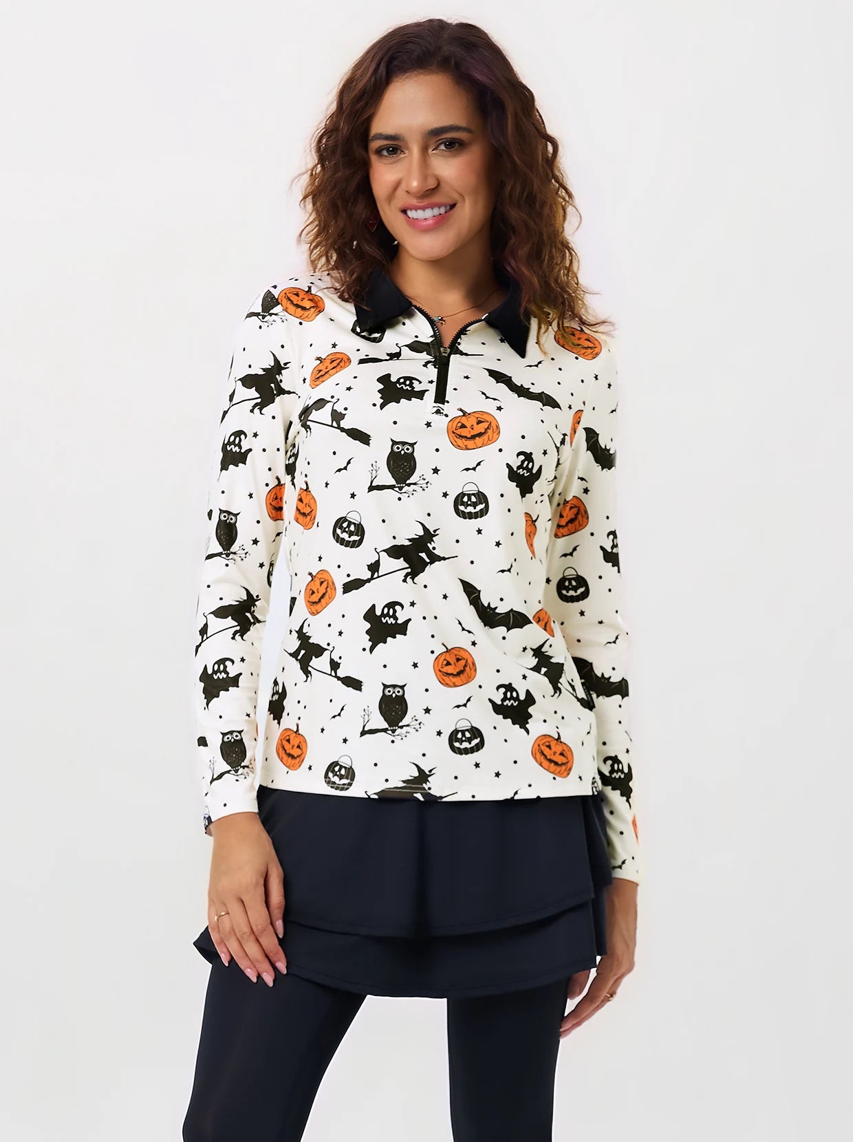 Halloween Witches Print Quarter-zip Long-sleeve Polo Shirt