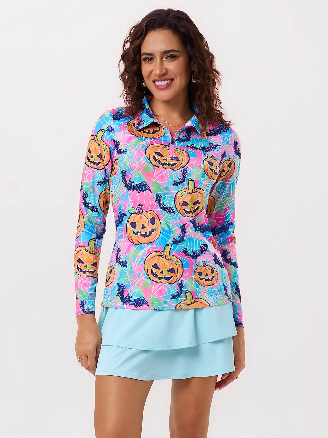 Halloween Spooky Pumpkin Quarter-zip Long-sleeve Polo Top