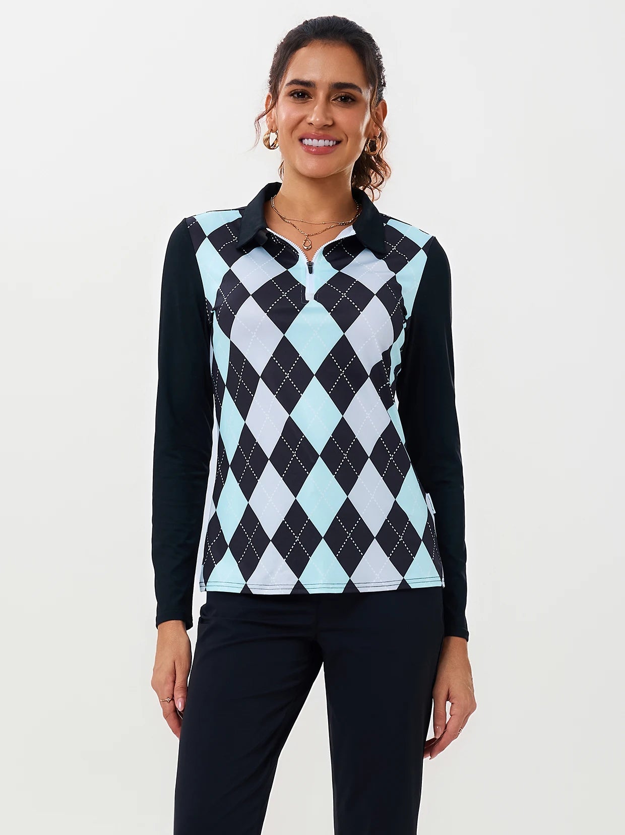 Black and Blue Argyle Long-sleeve Polo Top for Ladies