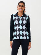 Black and Blue Argyle Long-sleeve Polo Top for Ladies