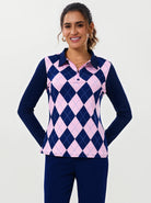 Blue and Pink Checkerboard Lapel Long-sleeve Polo Top for Ladies