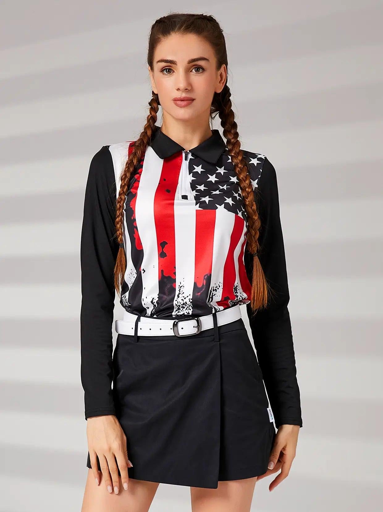 Flag long sleeve Golf shirt Quaterzip Polo for Ladies