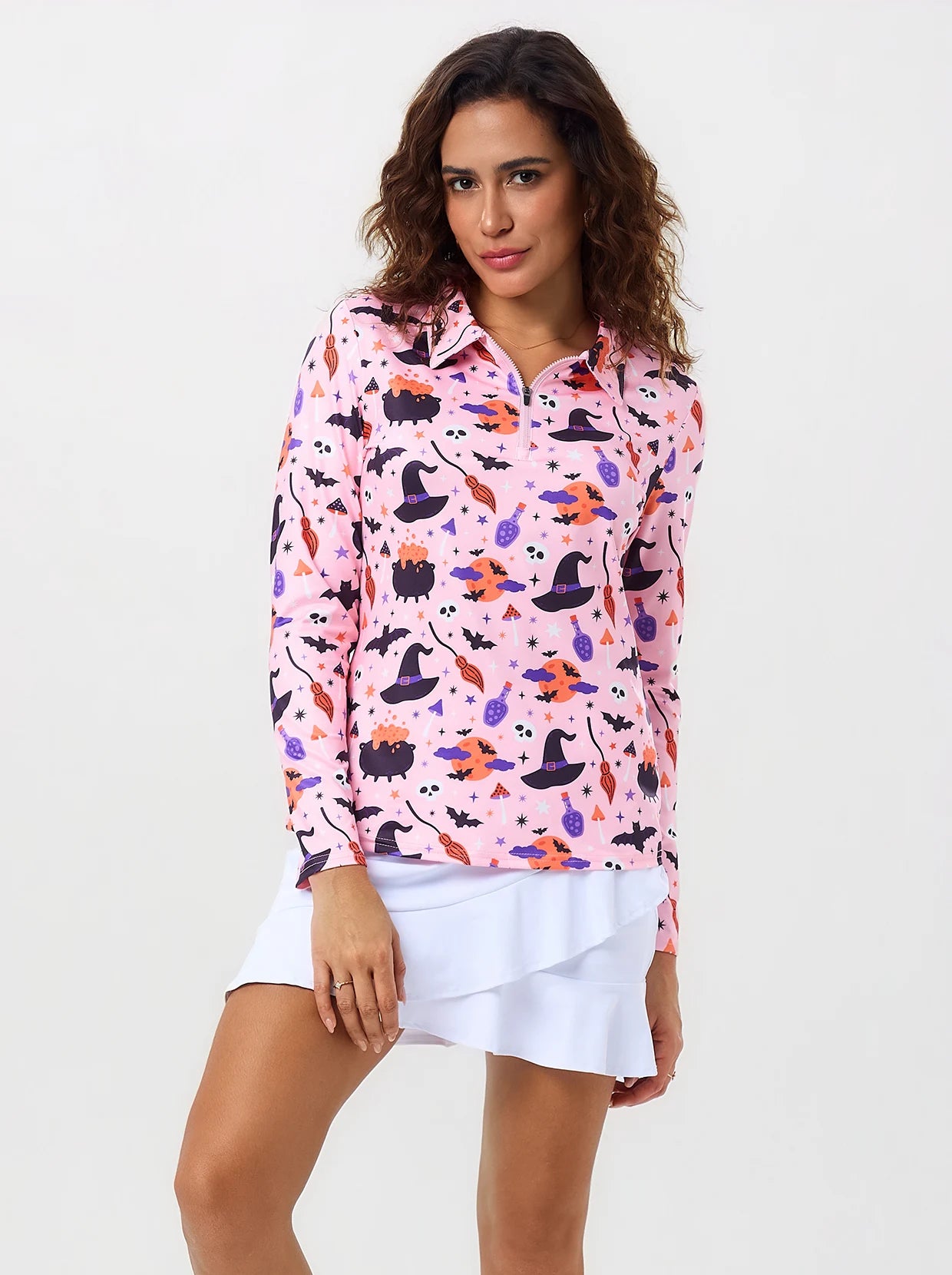 Halloween Witch hat Print Quarter-Zip Long-Sleeve Polo Tops for Ladies