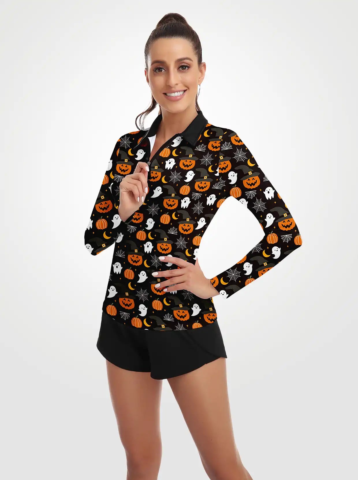 Pumpkin and Ghost Quarter-zip Long-sleeve Polo Shirt for Women