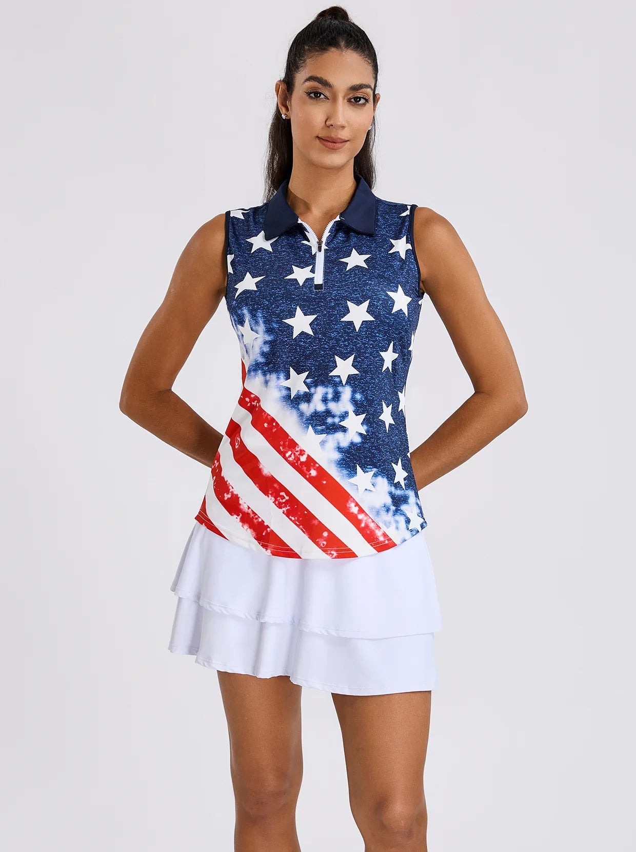 Flag Pattern Quarter-Zip Sleeveless Golf Polo for Ladies