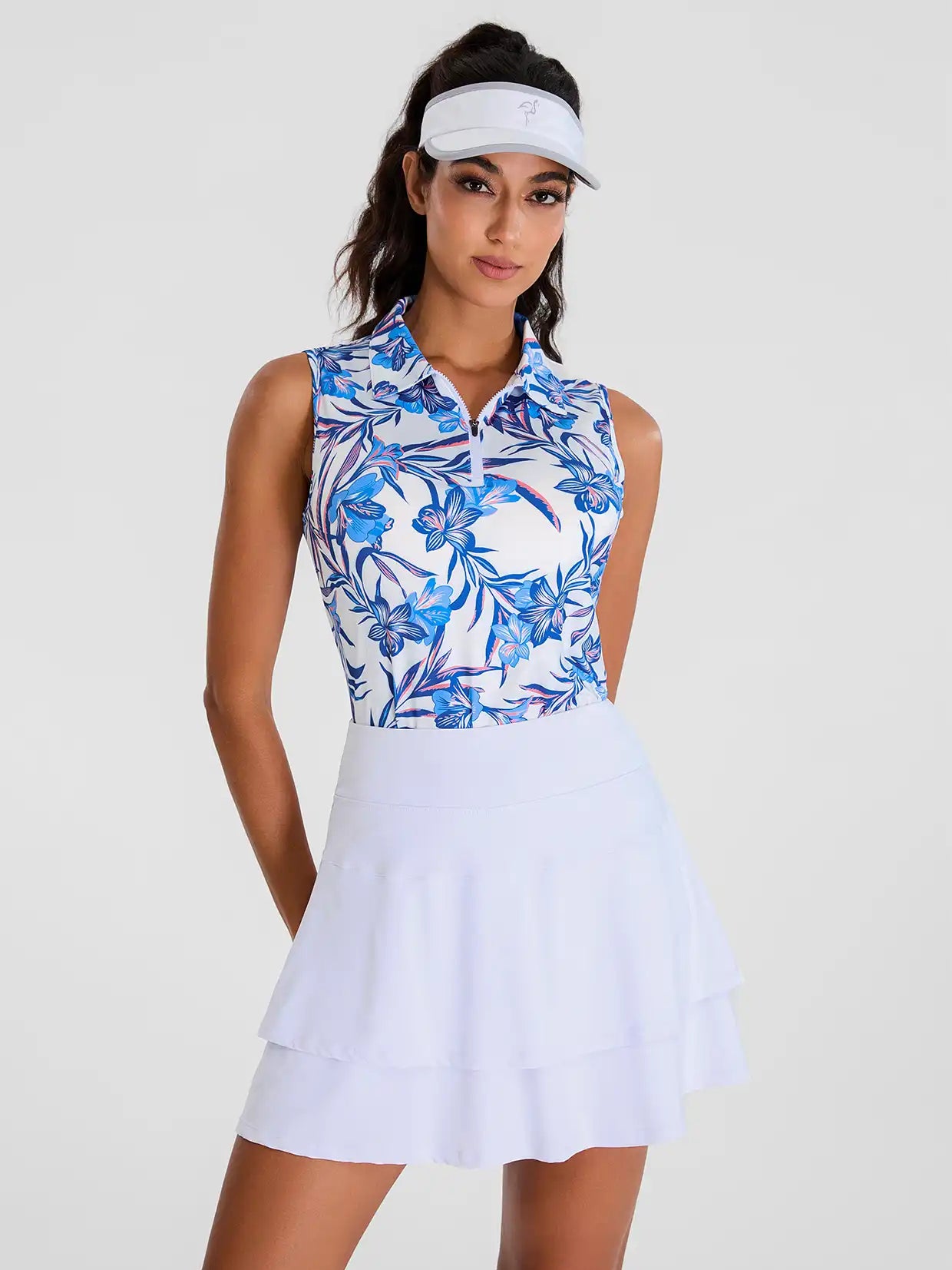 Blue Floral Sleeveless Athletic Polo Shirts For Ladies